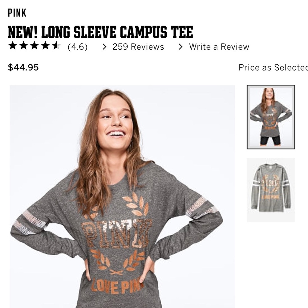VS PINK LONG SLEEVE BLING CAMPUS TEE XS NEW